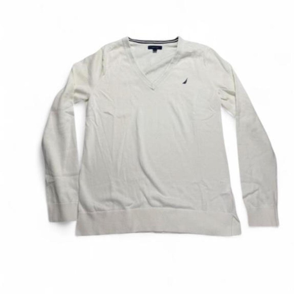 Nautica Cream White V Neck Tennis Sweater Preppy Knit Pullover